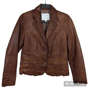 OLD NAVY Womens Brown 100% Genuine Leather Jacket Blazer With Pockets Size Small